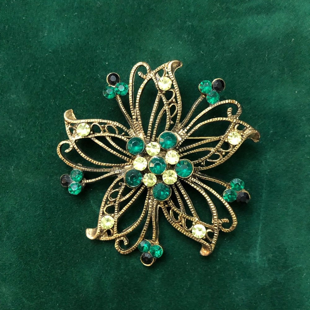 Vintage Brooch with Rhinestone, Emerald Green and Peridot Colored Stones